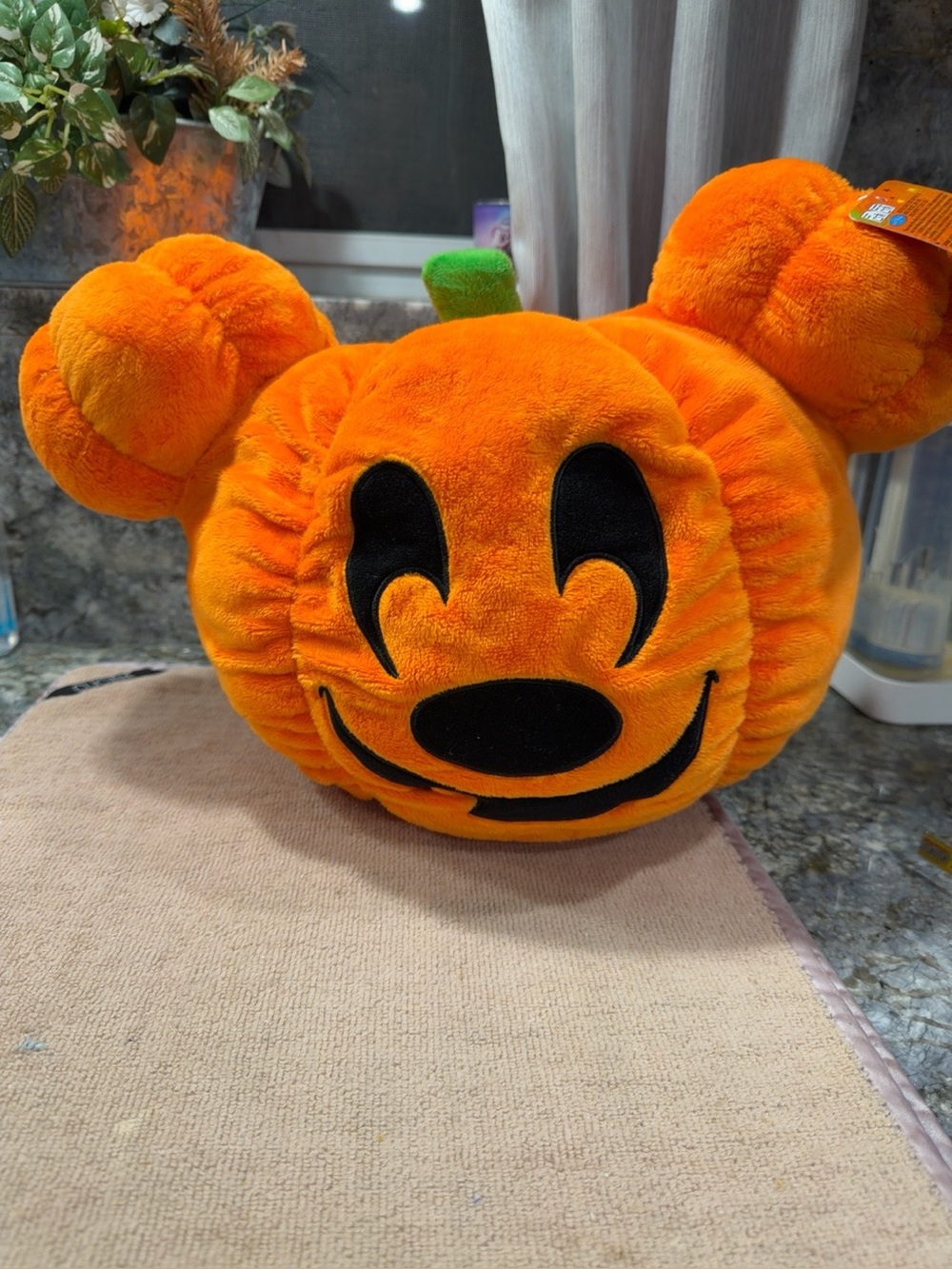 NWT Disney Mickey Mouse Pumpkin Plush Pillow Halloween Decor 15" x 12"